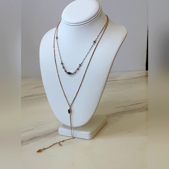Druzy Gold Plated Delicate Double Chain Lariat Necklace - Picture 1 of 6